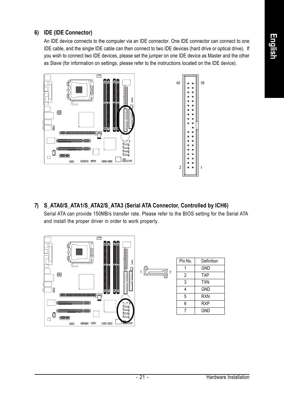 English, 6) ide (ide connector) | GIGABYTE GA-8I915P-MF User Manual | Page 21 / 80