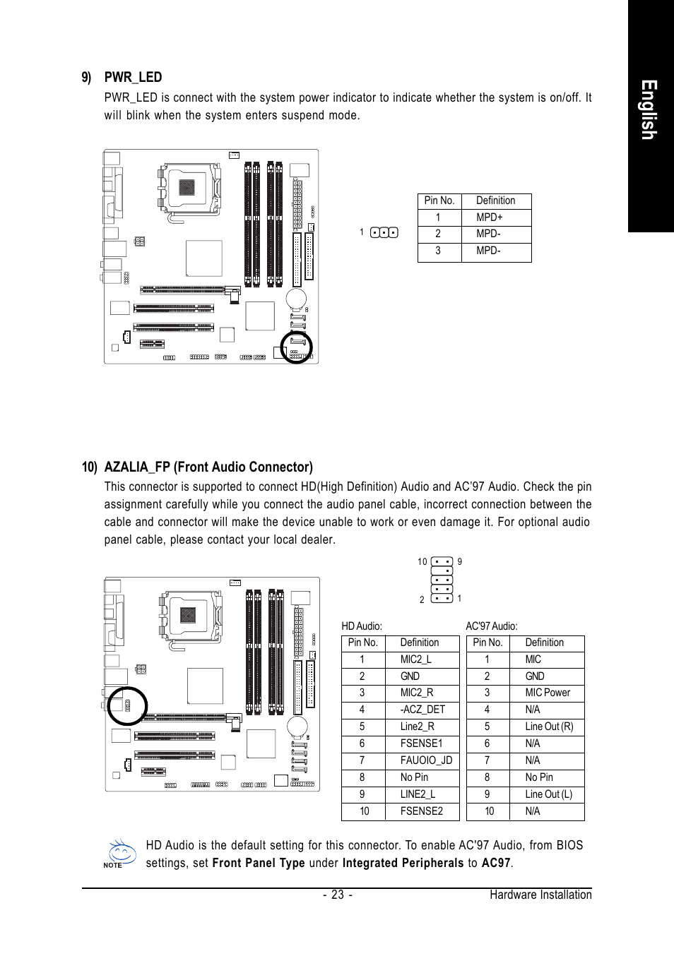 English, 9) pwr_led, 10) azalia_fp (front audio connector) | GIGABYTE GA-8I915P-MF User Manual | Page 23 / 80