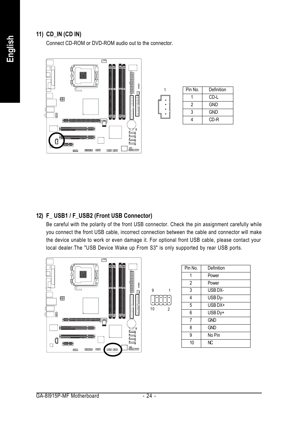 English, 11) cd_in (cd in), 12) f_ usb1 / f_usb2 (front usb connector) | GIGABYTE GA-8I915P-MF User Manual | Page 24 / 80