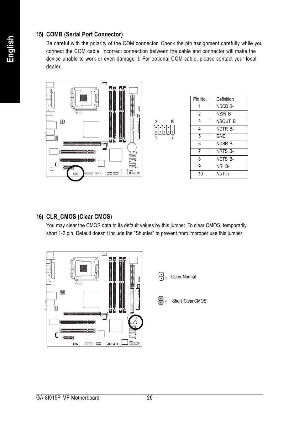 English, 16) clr_cmos (clear cmos), 15) comb (serial port connector) | GIGABYTE GA-8I915P-MF User Manual | Page 26 / 80