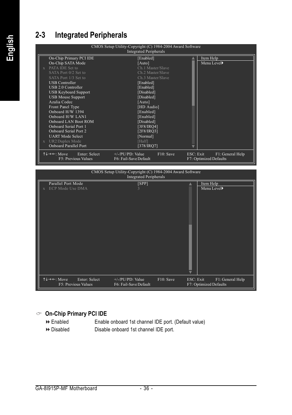 English, 3 integrated peripherals, On-chip primary pci ide | GIGABYTE GA-8I915P-MF User Manual | Page 36 / 80