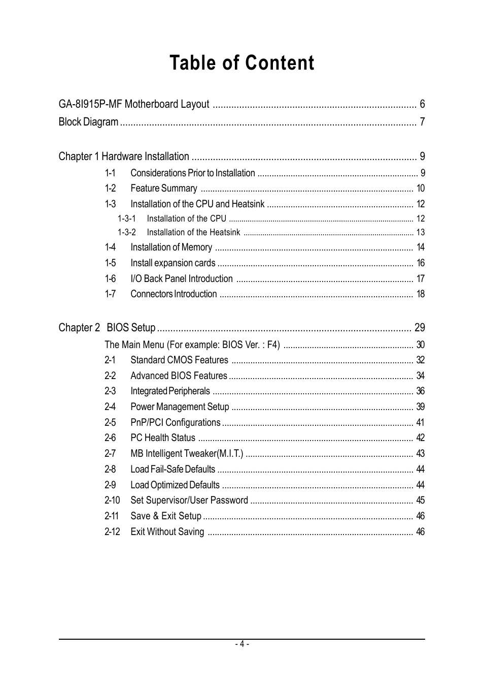 Table of content | GIGABYTE GA-8I915P-MF User Manual | Page 4 / 80