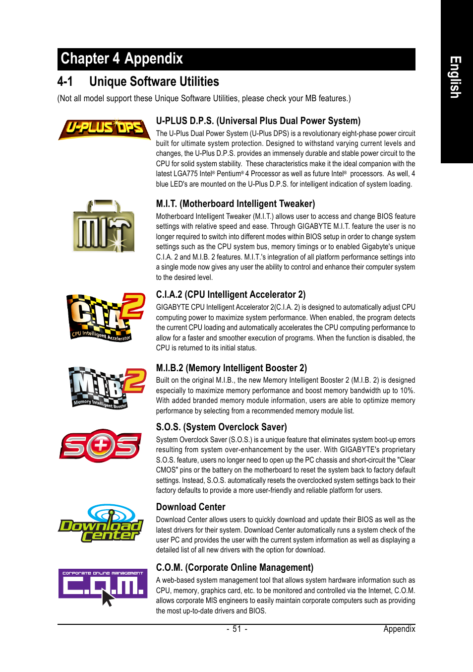 Chapter 4 appendix, English, 1 unique software utilities | GIGABYTE GA-8I915P-MF User Manual | Page 51 / 80