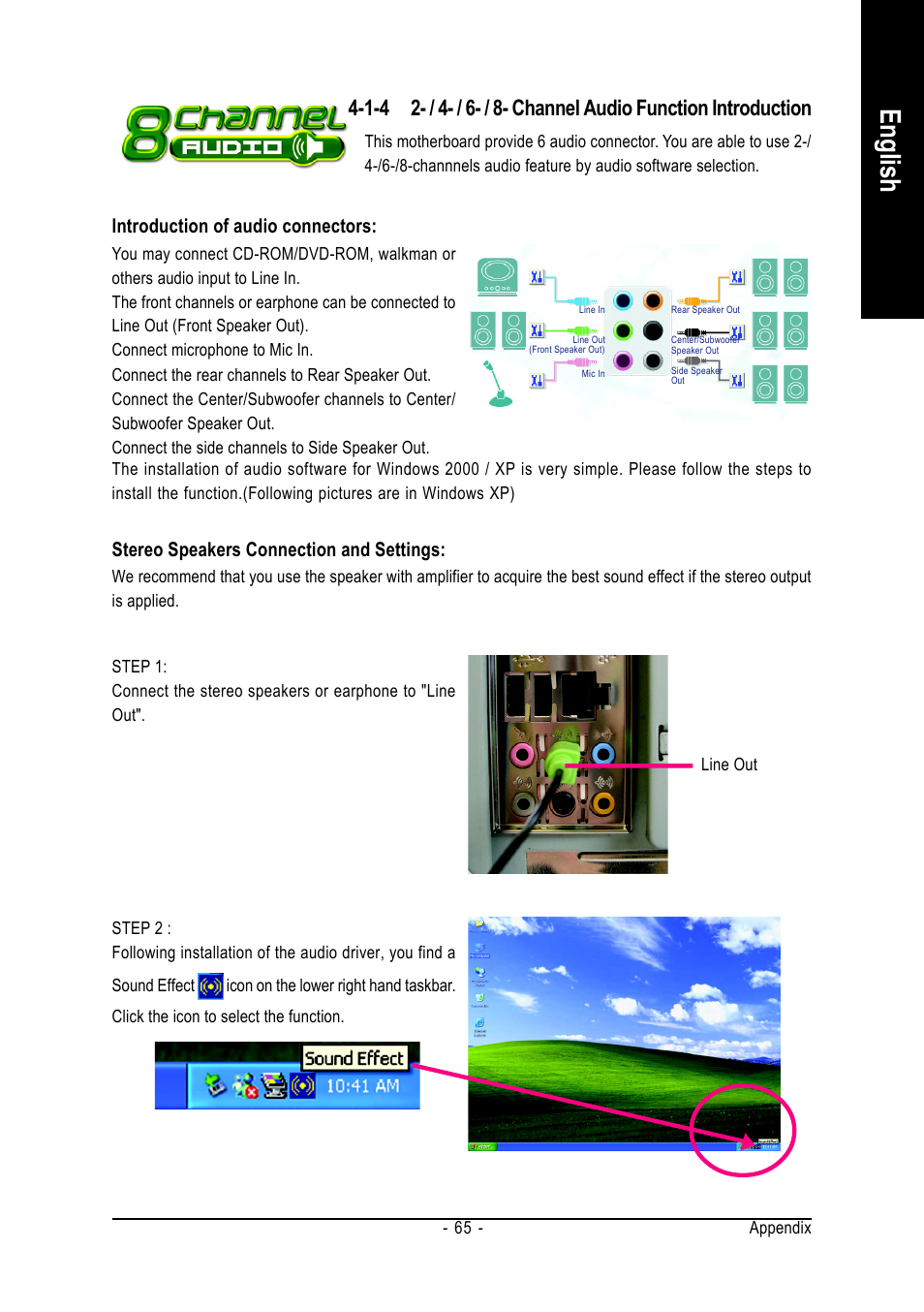 English, Stereo speakers connection and settings, Introduction of audio connectors | GIGABYTE GA-8I915P-MF User Manual | Page 65 / 80