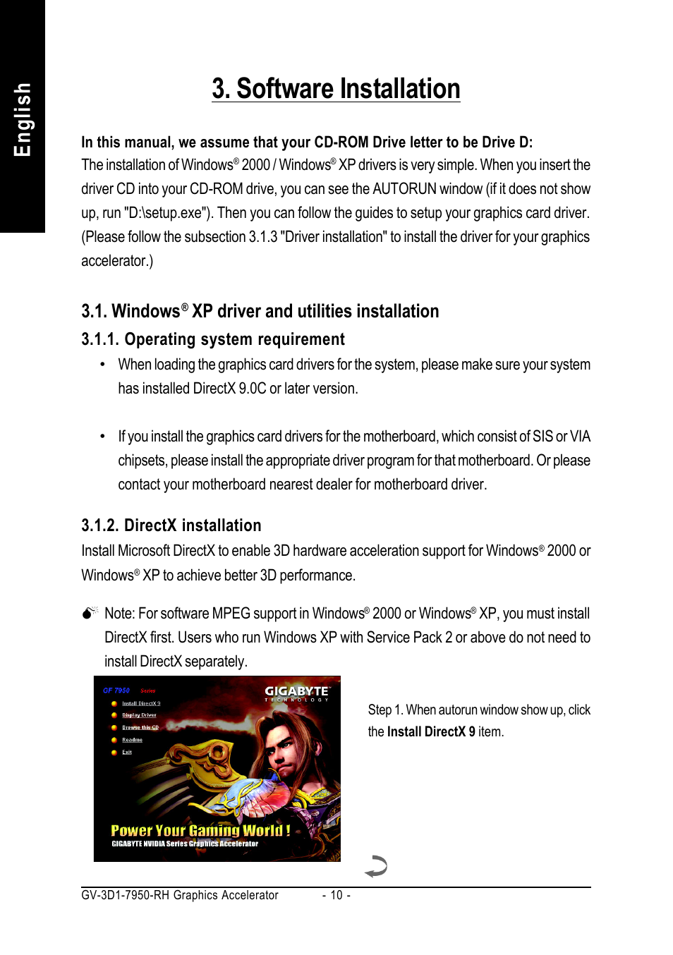 Software installation, English, Windows | Xp driver and utilities installation | GIGABYTE GV-3D1-7950-RH User Manual | Page 10 / 34