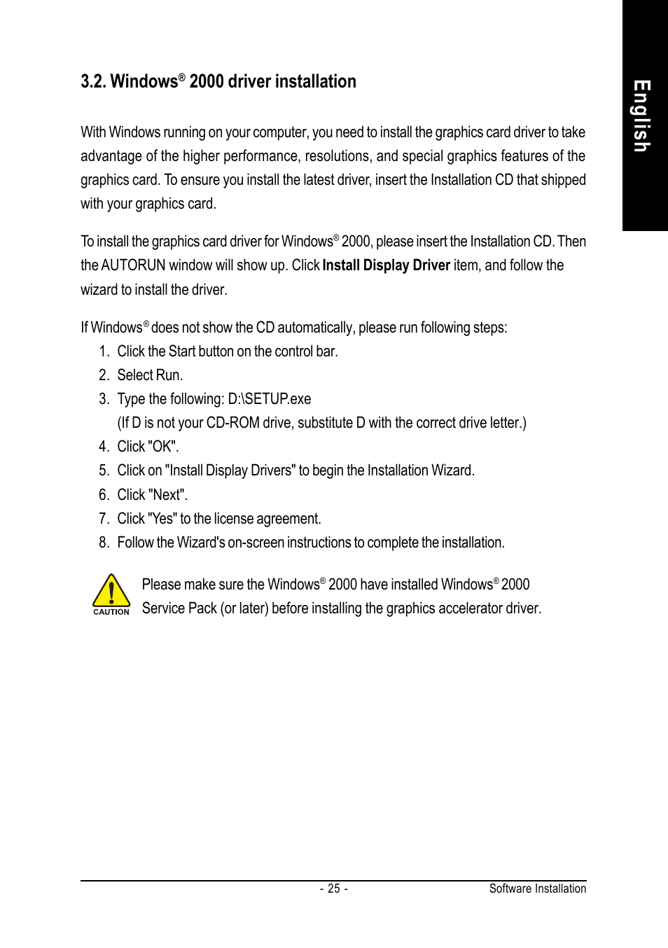 English, Windows, 2000 driver installation | GIGABYTE GV-3D1-7950-RH User Manual | Page 25 / 34