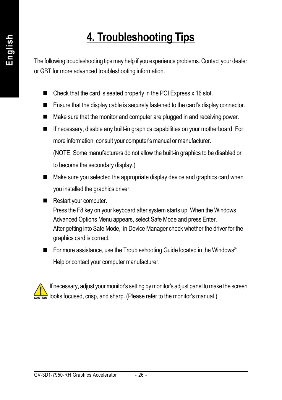 Troubleshooting tips, English | GIGABYTE GV-3D1-7950-RH User Manual | Page 26 / 34