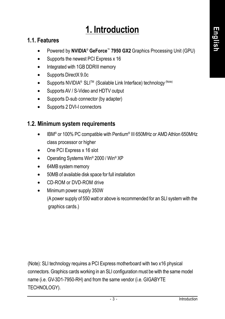 Introduction, English, Features | Minimum system requirements | GIGABYTE GV-3D1-7950-RH User Manual | Page 3 / 34