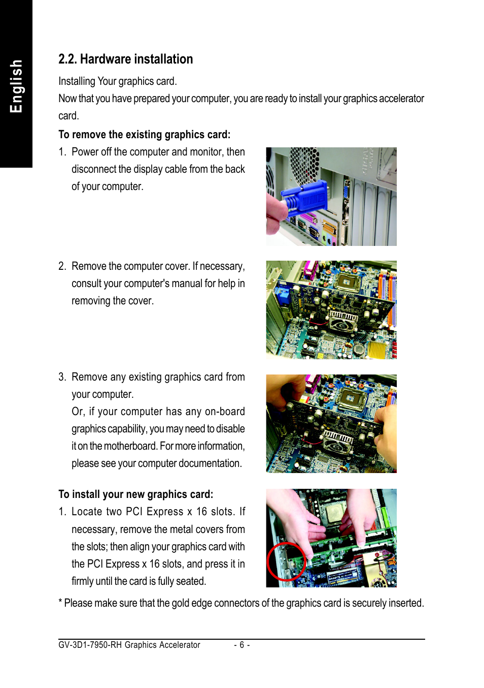 English, Hardware installation | GIGABYTE GV-3D1-7950-RH User Manual | Page 6 / 34