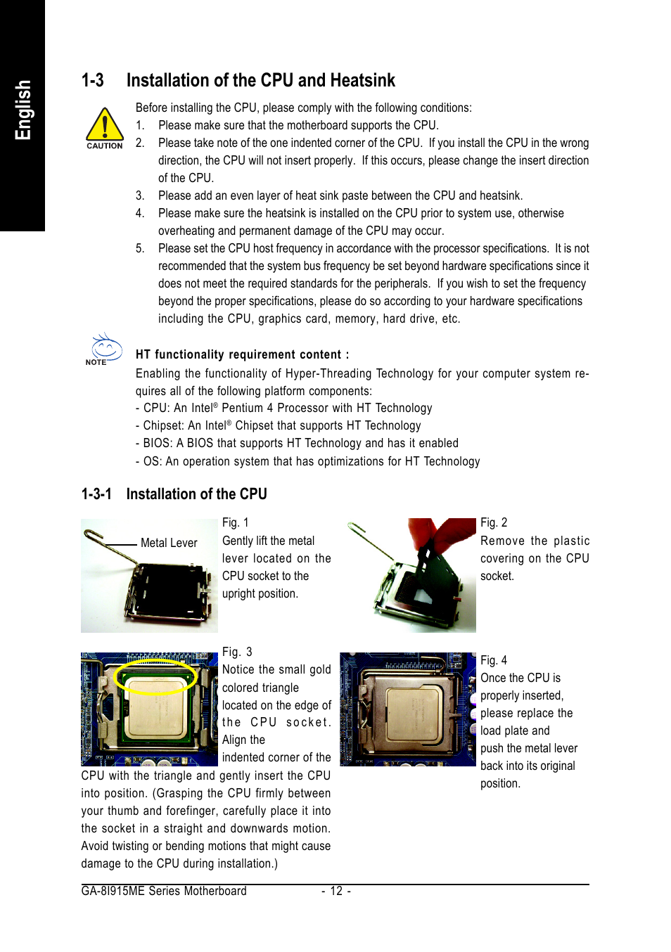 English, 3 installation of the cpu and heatsink | GIGABYTE GA-8I915ME Series User Manual | Page 12 / 80