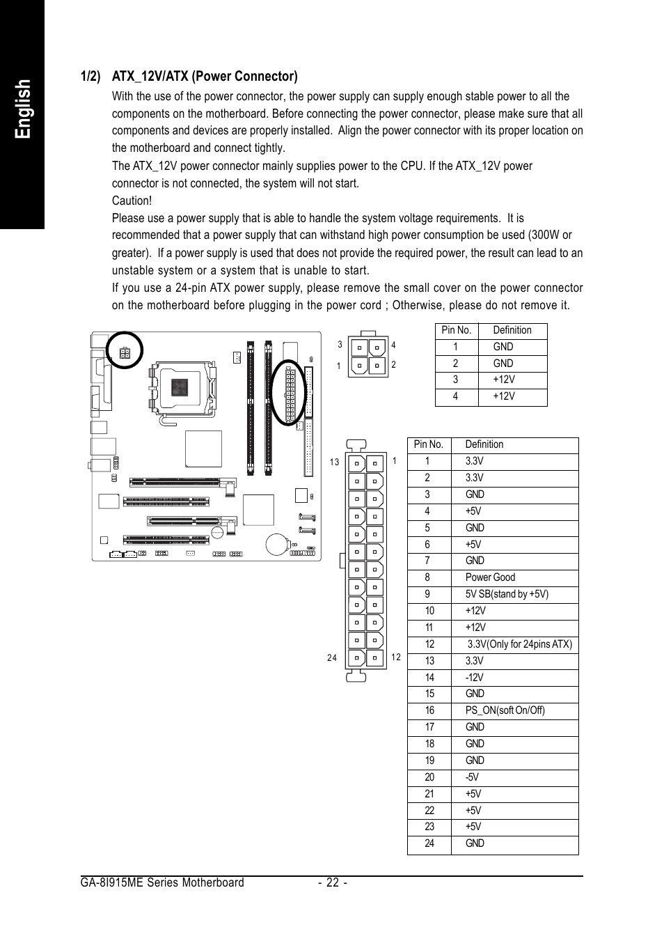 English, 1/2) atx_12v/atx (power connector) | GIGABYTE GA-8I915ME Series User Manual | Page 22 / 80