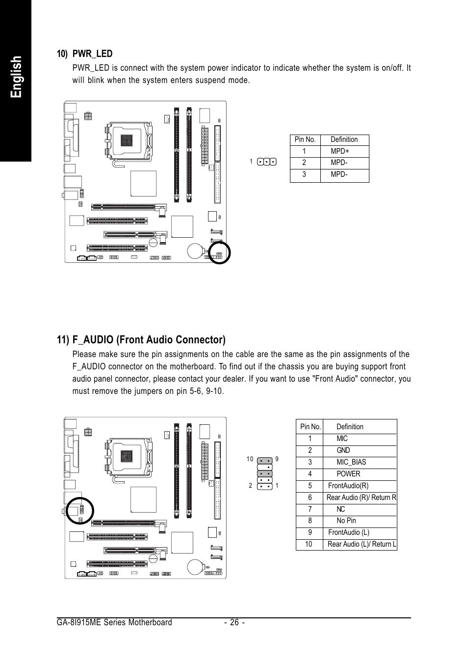 English, 11) f_audio (front audio connector), 10) pwr_led | GIGABYTE GA-8I915ME Series User Manual | Page 26 / 80
