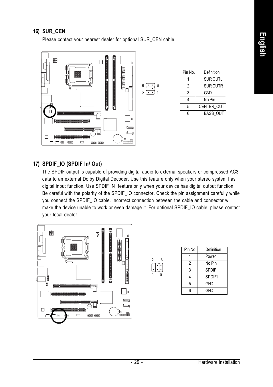 English, 16) sur_cen, 17) spdif_io (spdif in/ out) | GIGABYTE GA-8I915ME Series User Manual | Page 29 / 80