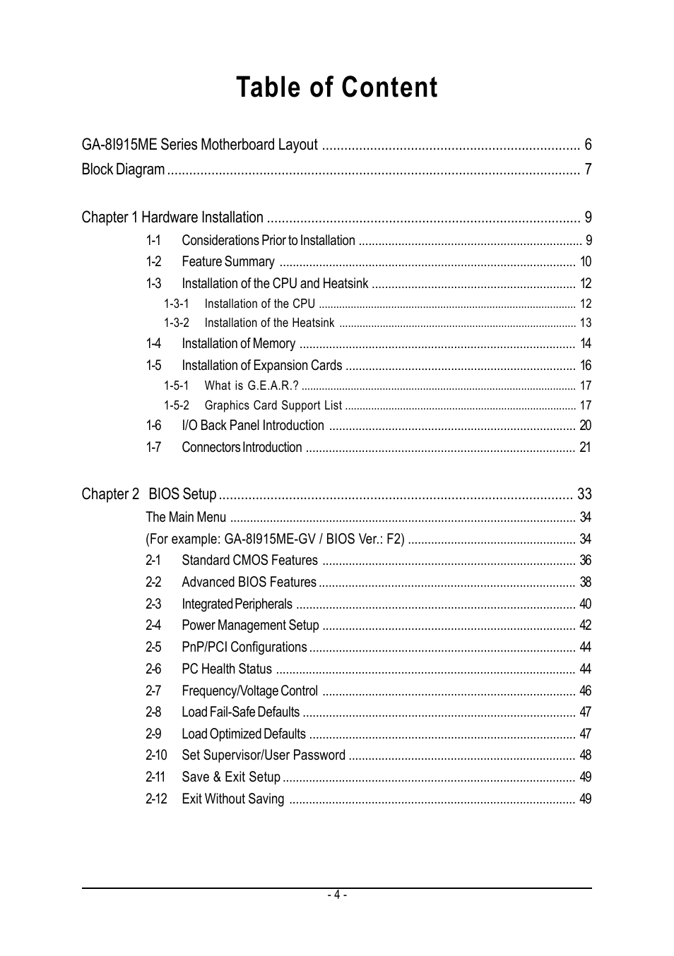 Table of content | GIGABYTE GA-8I915ME Series User Manual | Page 4 / 80