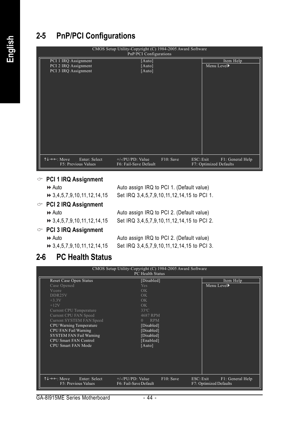 English, 5 pnp/pci configurations, 6 pc health status | Pci 1 irq assignment, Pci 2 irq assignment, Pci 3 irq assignment | GIGABYTE GA-8I915ME Series User Manual | Page 44 / 80