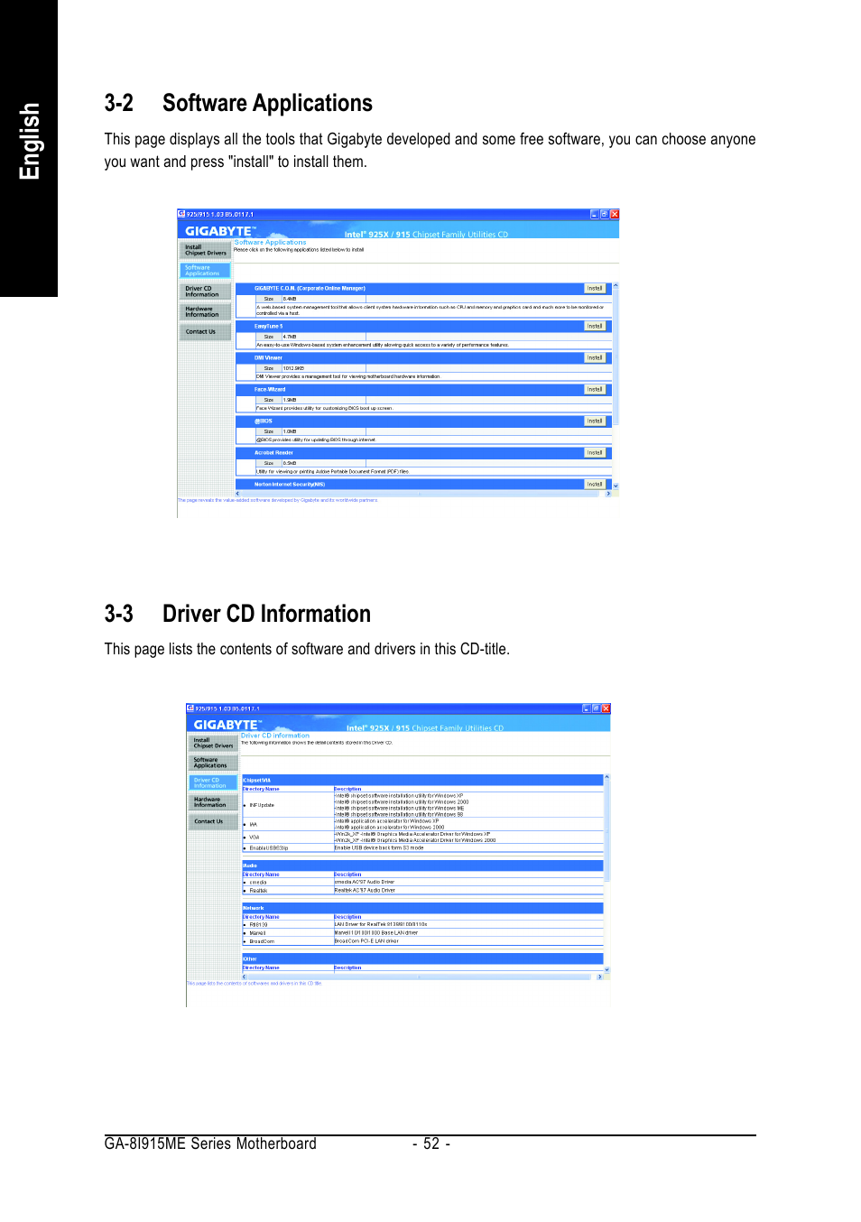 English, 2 software applications, 3 driver cd information | GIGABYTE GA-8I915ME Series User Manual | Page 52 / 80