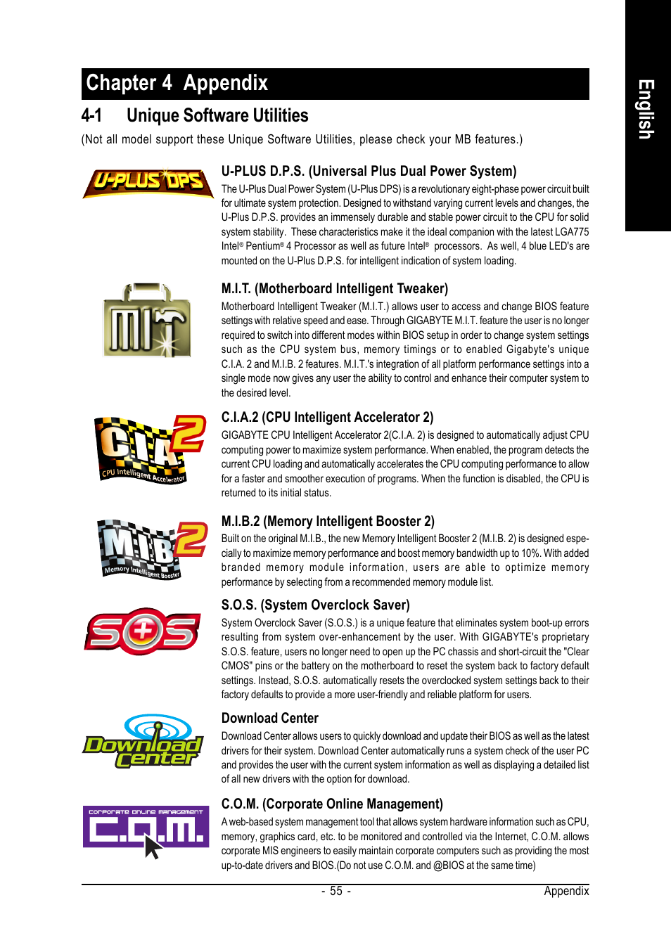 Chapter 4 appendix, English, 1 unique software utilities | GIGABYTE GA-8I915ME Series User Manual | Page 55 / 80