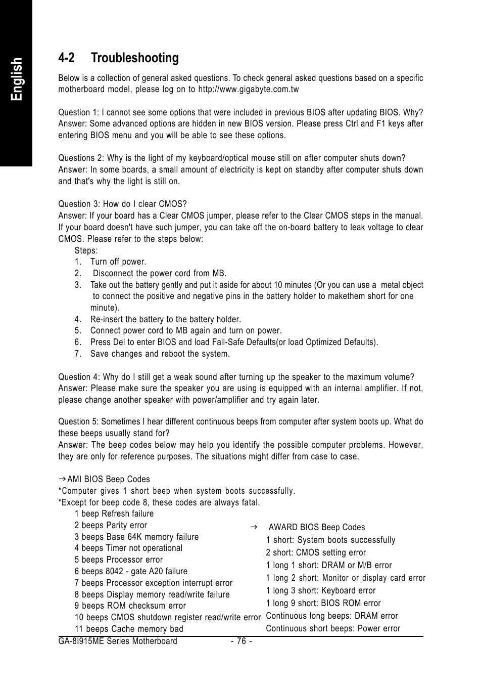 English, 2 troubleshooting | GIGABYTE GA-8I915ME Series User Manual | Page 76 / 80