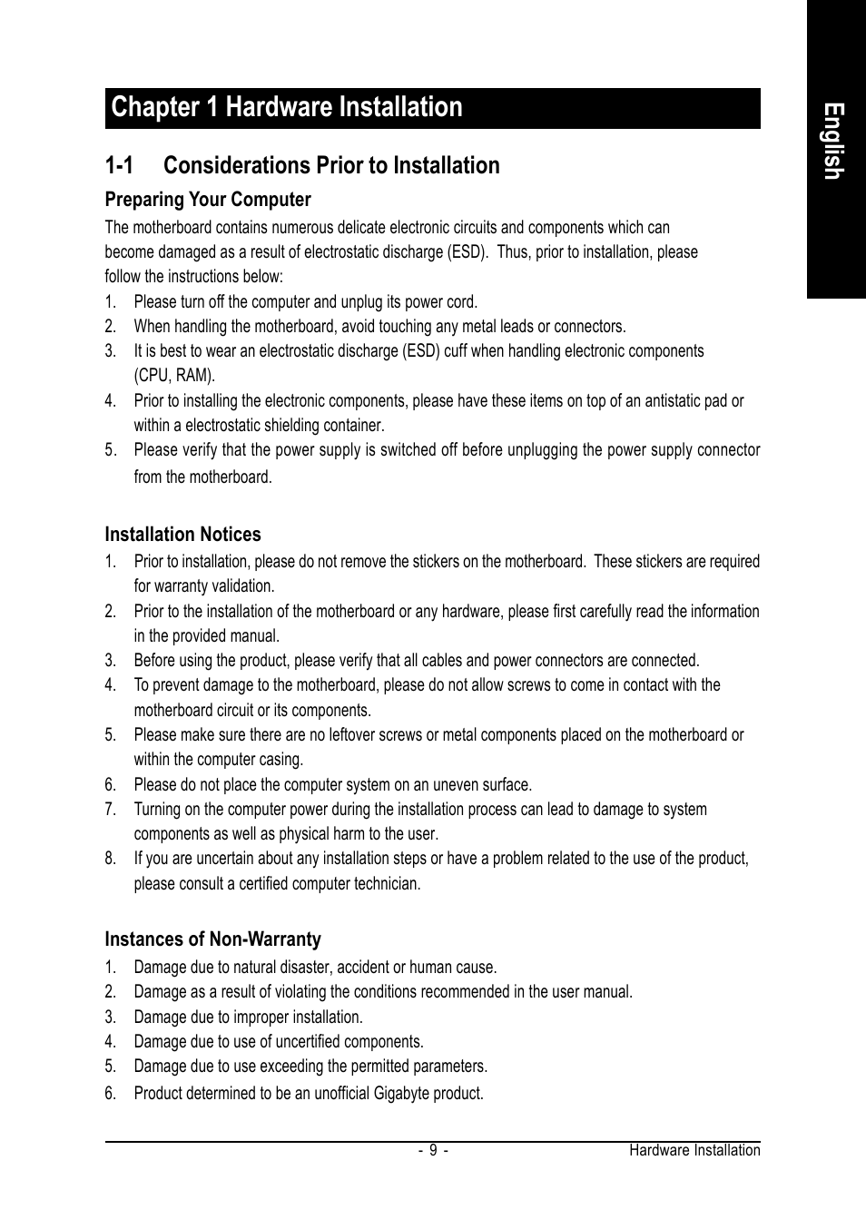 Chapter 1 hardware installation, English, 1 considerations prior to installation | GIGABYTE GA-8I915ME Series User Manual | Page 9 / 80