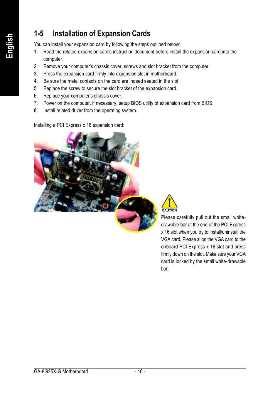 English, 5 installation of expansion cards | GIGABYTE GA-8I925X-G User Manual | Page 16 / 88