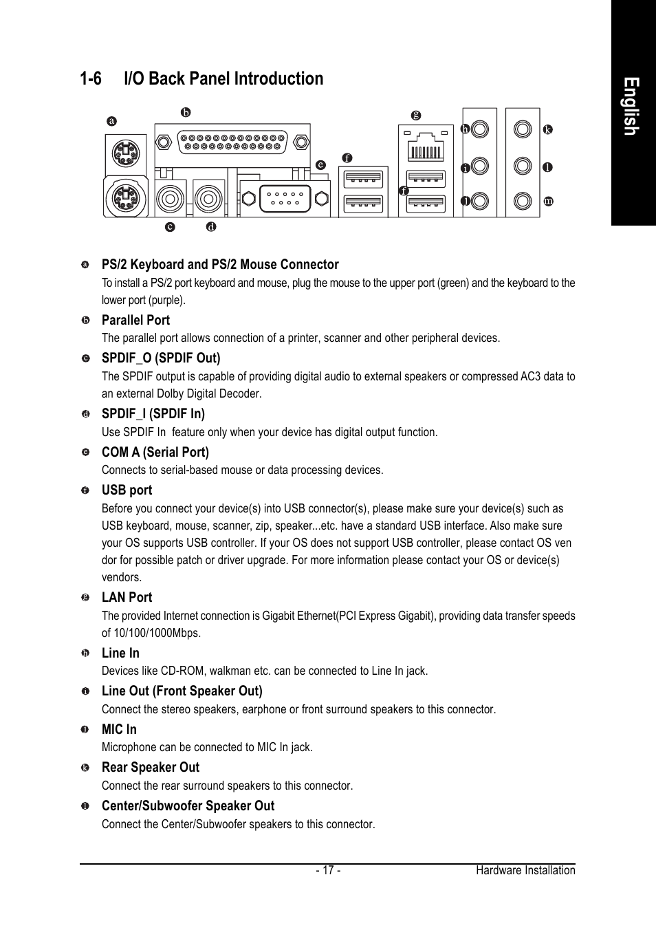 English, 6 i/o back panel introduction | GIGABYTE GA-8I925X-G User Manual | Page 17 / 88