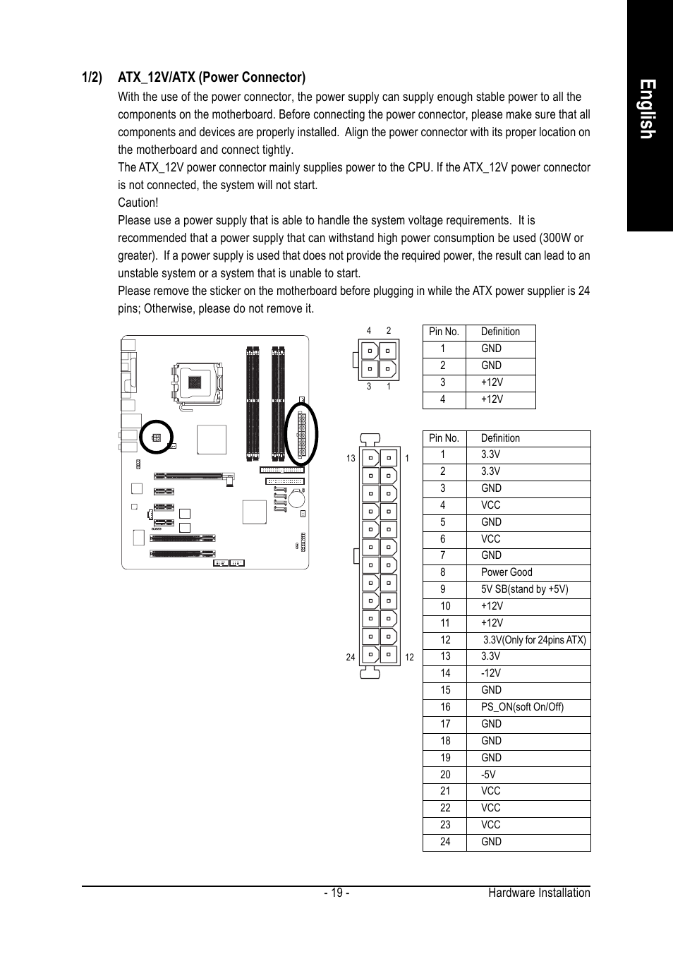 English, 1/2) atx_12v/atx (power connector) | GIGABYTE GA-8I925X-G User Manual | Page 19 / 88