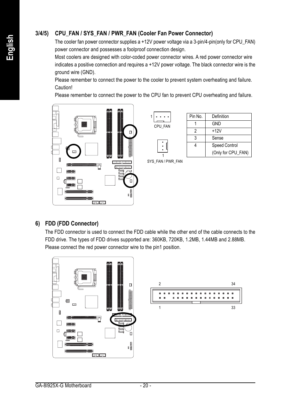 English, 6) fdd (fdd connector) | GIGABYTE GA-8I925X-G User Manual | Page 20 / 88