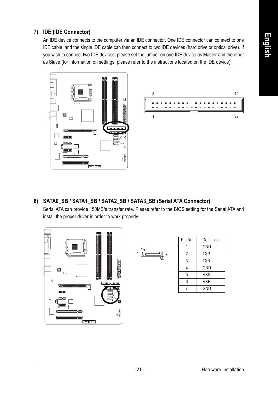 English, 7) ide (ide connector) | GIGABYTE GA-8I925X-G User Manual | Page 21 / 88