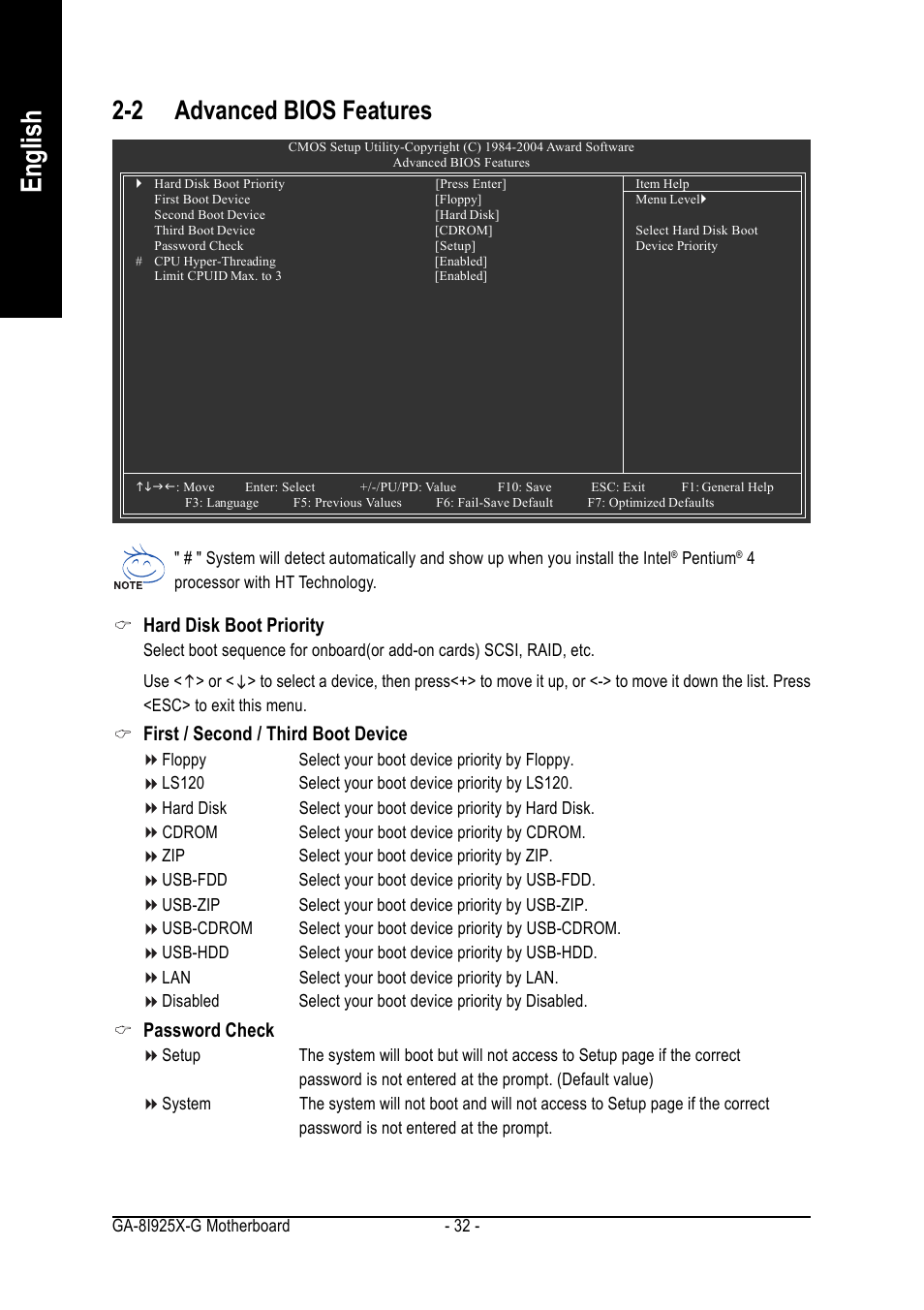 English, 2 advanced bios features, Hard disk boot priority | First / second / third boot device, Password check | GIGABYTE GA-8I925X-G User Manual | Page 32 / 88