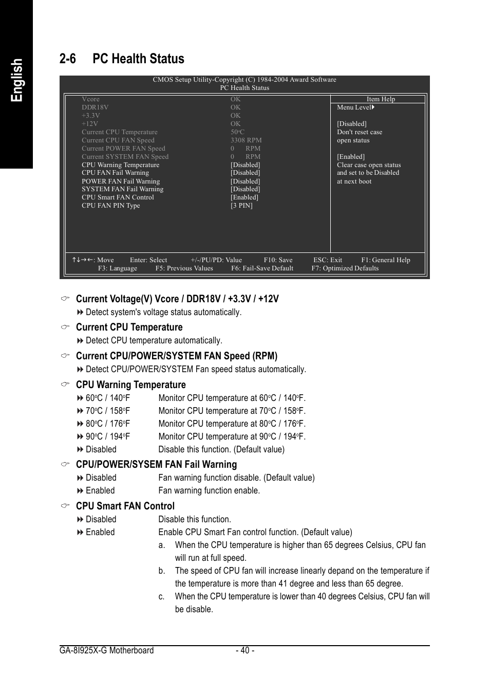 English, 6 pc health status, Current cpu temperature | Current cpu/power/system fan speed (rpm), Cpu warning temperature, Cpu/power/sysem fan fail warning, Cpu smart fan control | GIGABYTE GA-8I925X-G User Manual | Page 40 / 88