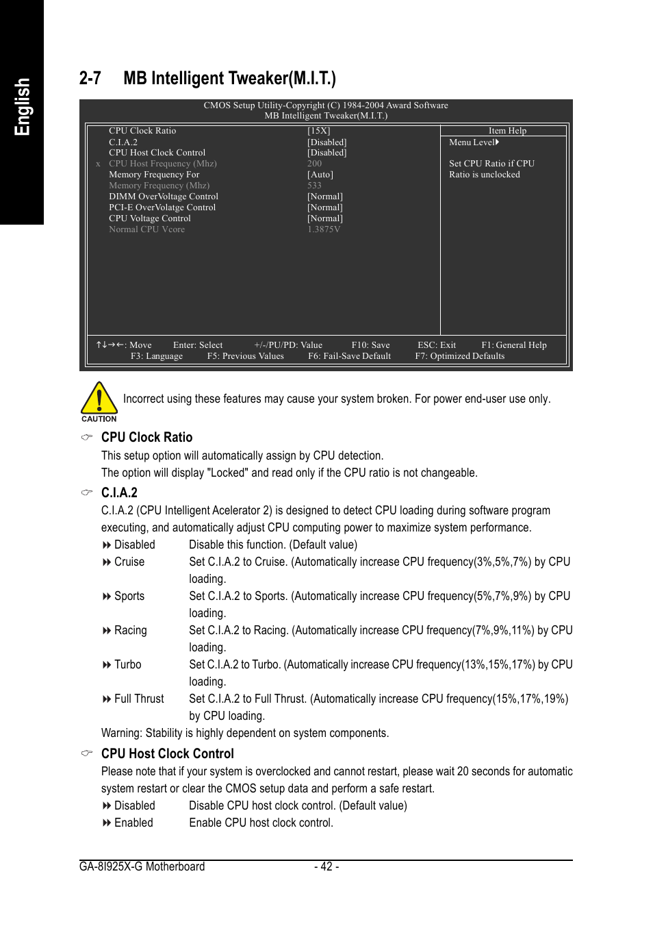 English, 7 mb intelligent tweaker(m.i.t.), Cpu clock ratio | C.i.a.2, Cpu host clock control | GIGABYTE GA-8I925X-G User Manual | Page 42 / 88