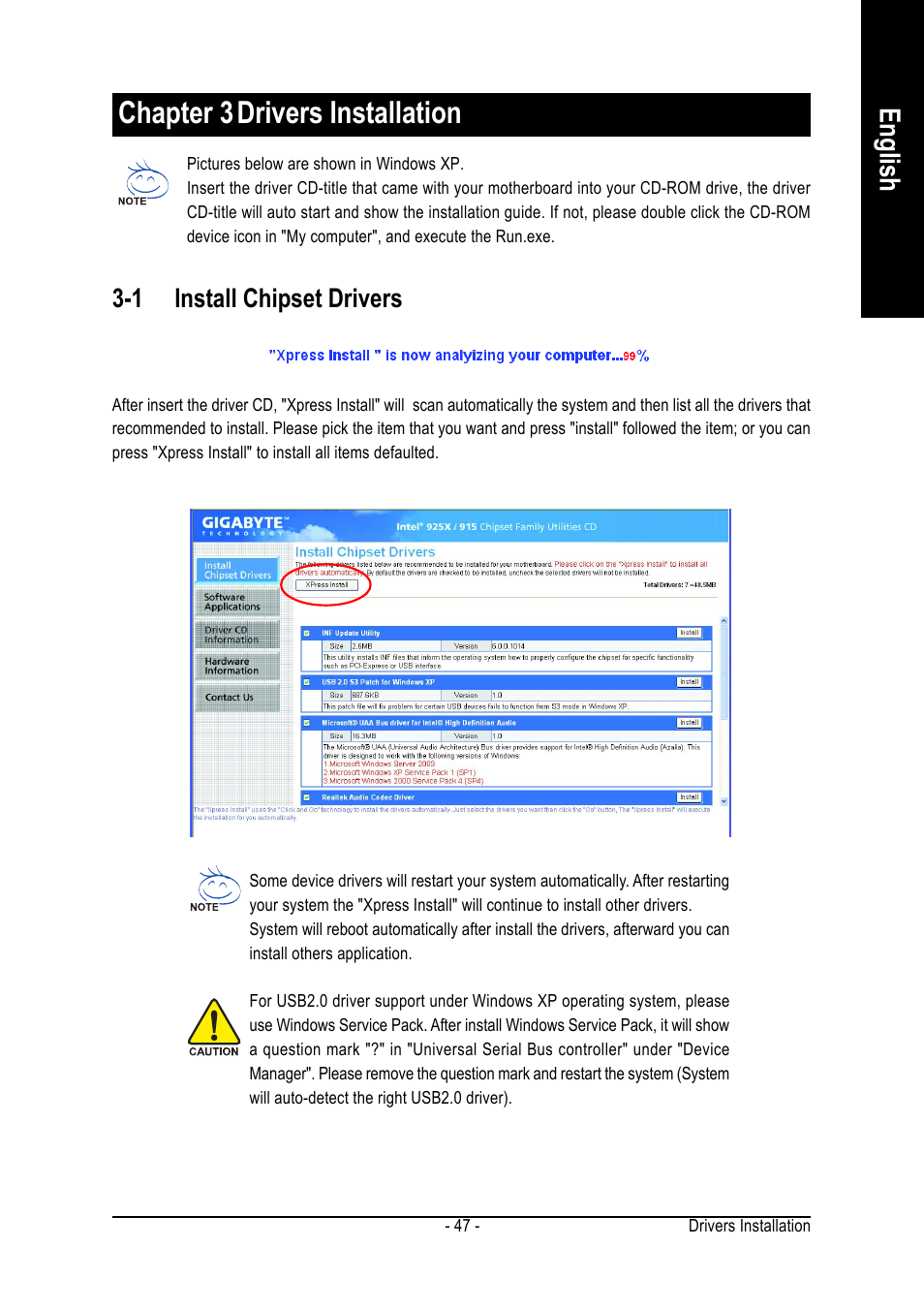 Chapter 3drivers installation, English, 1 install chipset drivers | GIGABYTE GA-8I925X-G User Manual | Page 47 / 88
