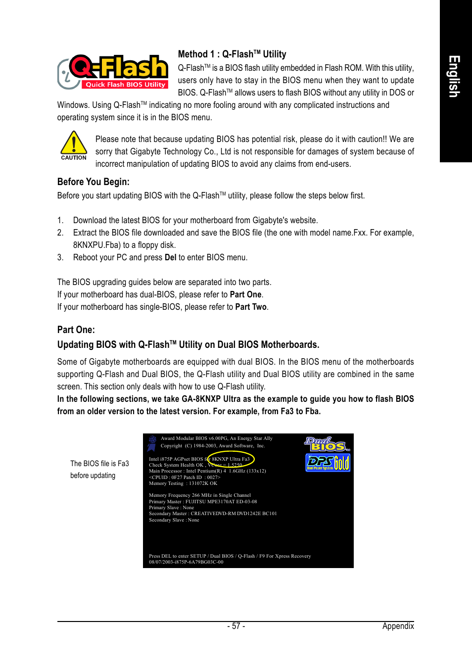English, Method 1 : q-flash, Utility | Before you begin, Part one: updating bios with q-flash, Utility on dual bios motherboards | GIGABYTE GA-8I925X-G User Manual | Page 57 / 88