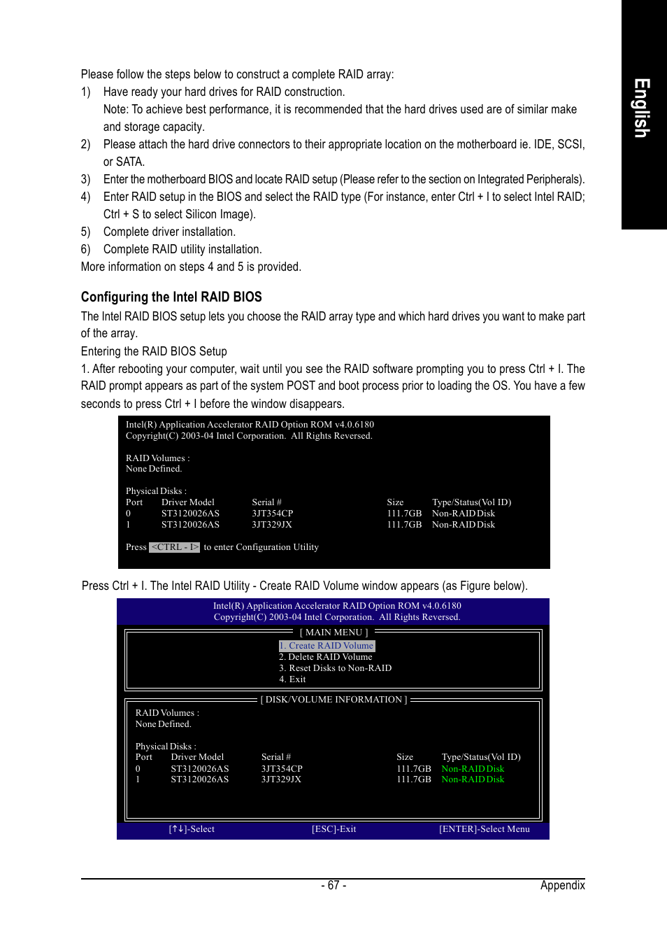 English, Configuring the intel raid bios, Appendix - 67 | GIGABYTE GA-8I925X-G User Manual | Page 67 / 88