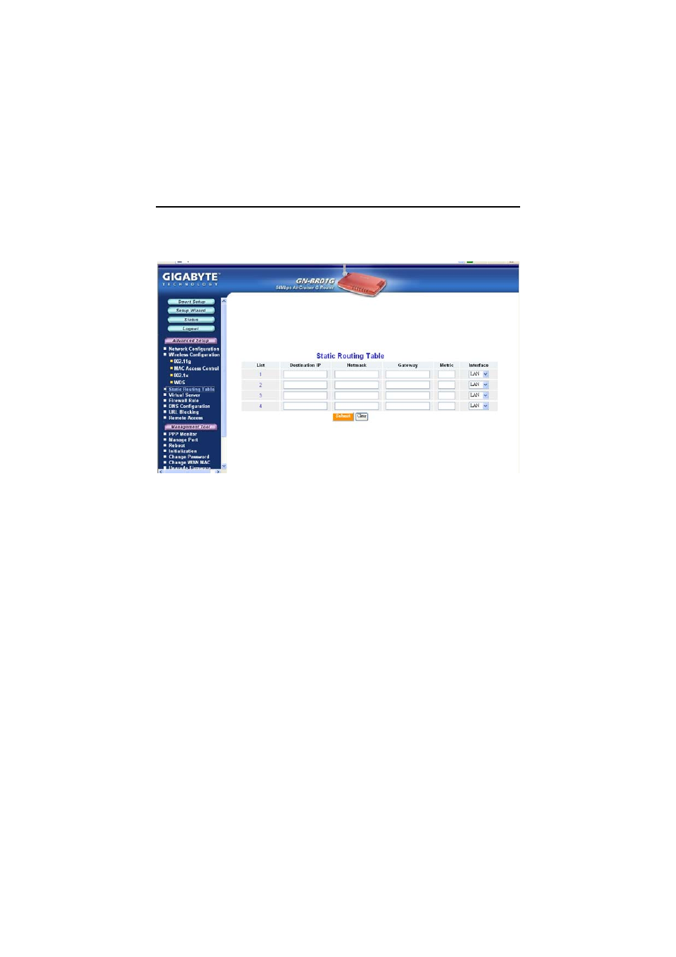 The static routing table screen | GIGABYTE AirCruiser G GN-BR01G User Manual | Page 29 / 67