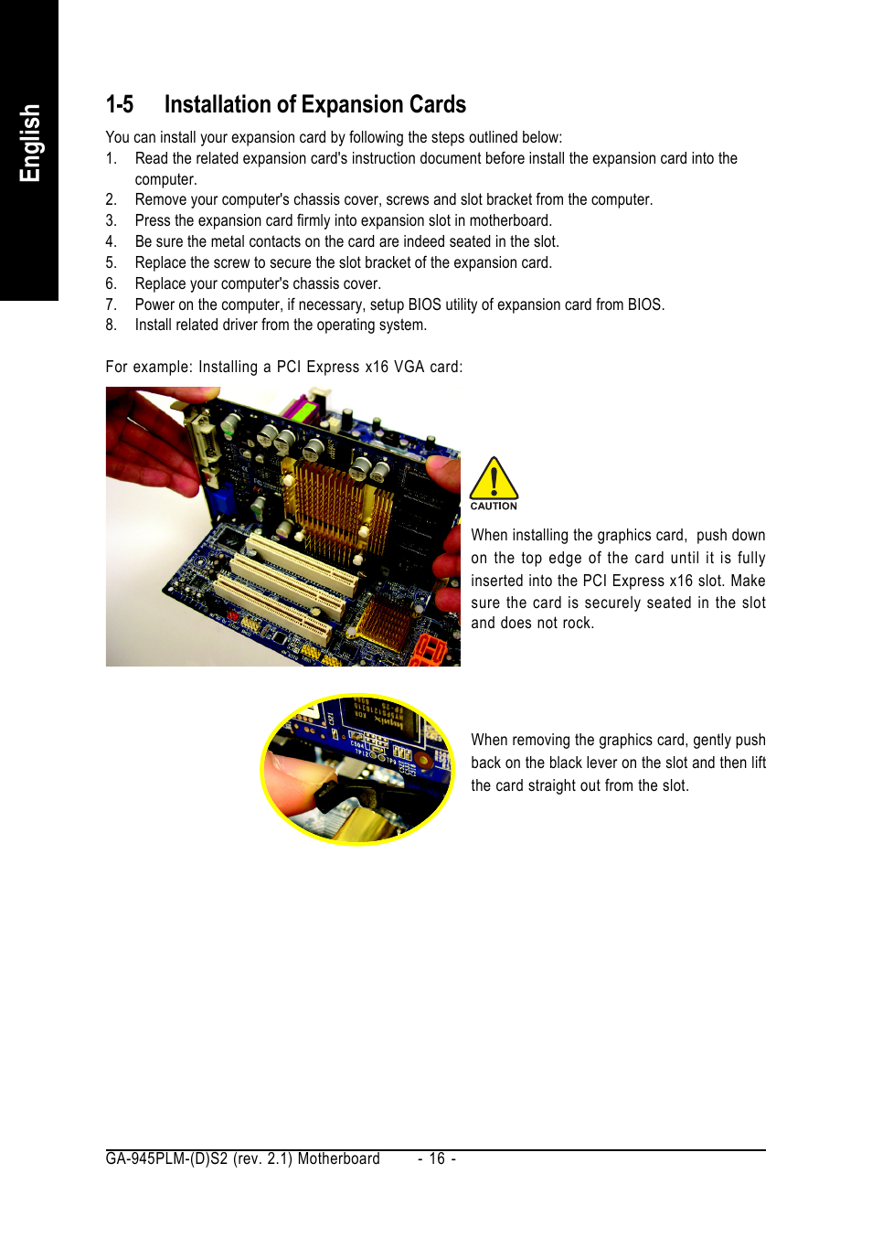 English, 5 installation of expansion cards | GIGABYTE GA-945PLM-(D)S2 User Manual | Page 16 / 80