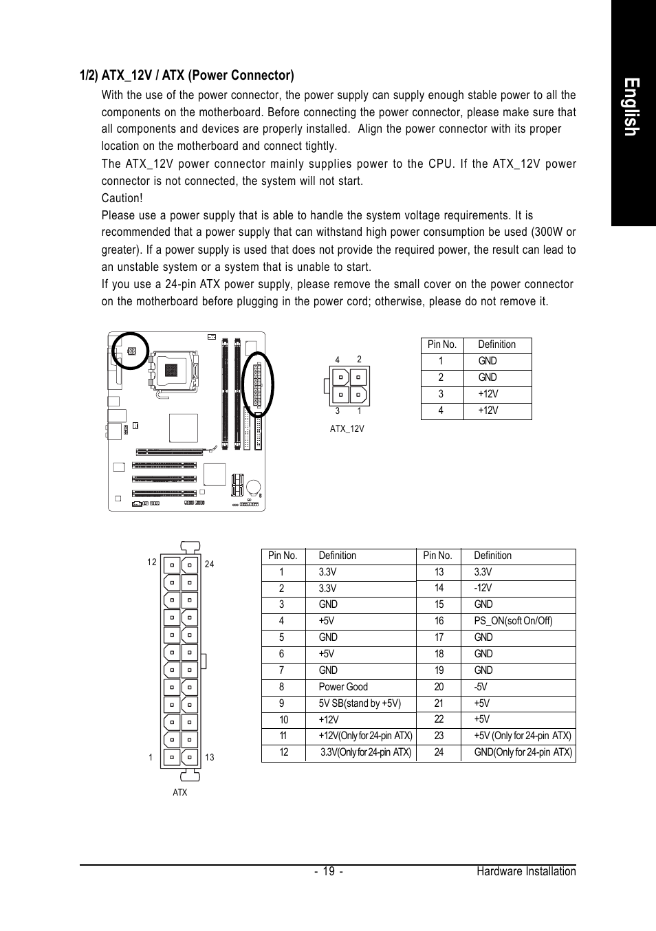 English, 1/2) atx_12v / atx (power connector) | GIGABYTE GA-945PLM-(D)S2 User Manual | Page 19 / 80
