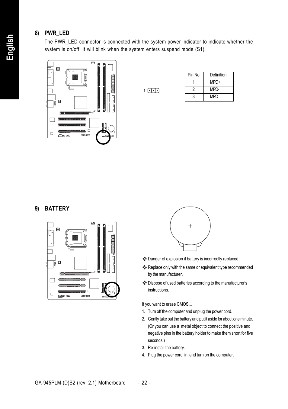 English, 8) pwr_led, 9) battery | GIGABYTE GA-945PLM-(D)S2 User Manual | Page 22 / 80