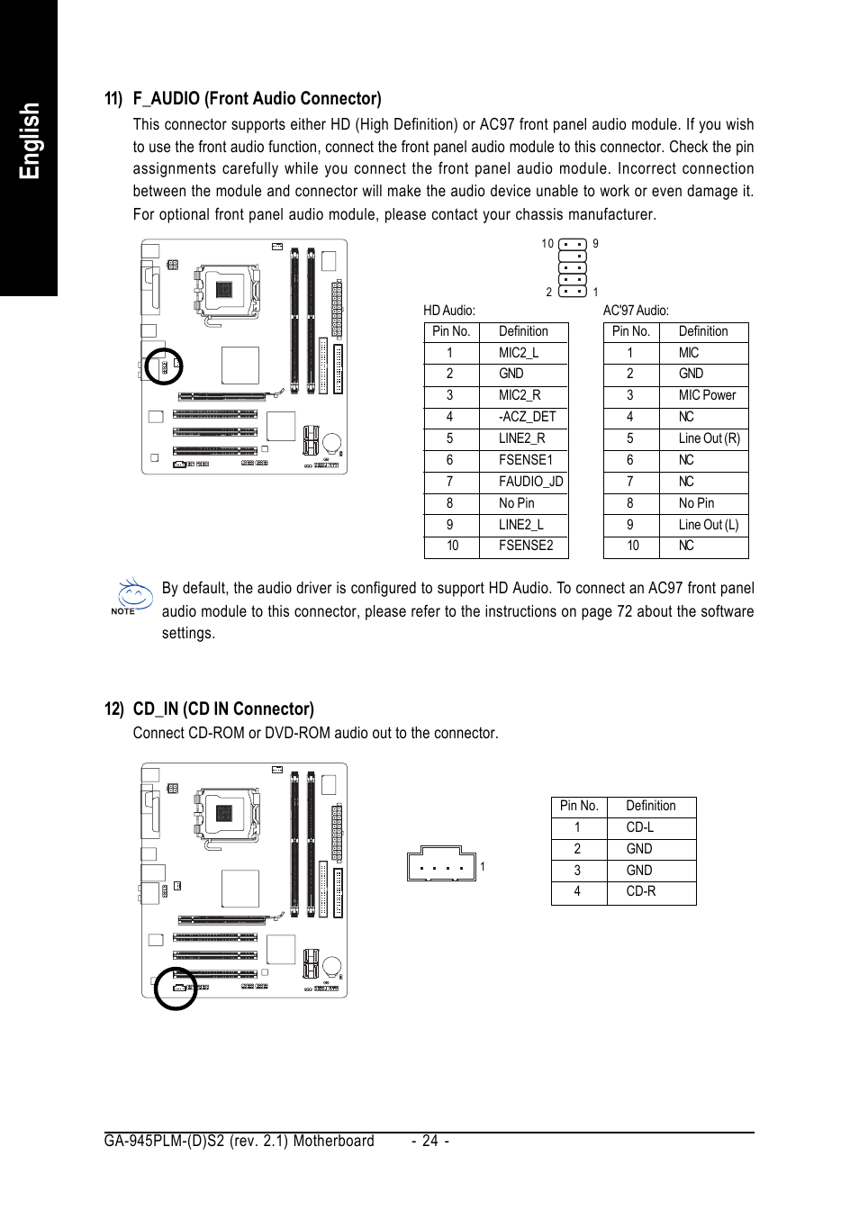 English, 12) cd_in (cd in connector), 11) f_audio (front audio connector) | GIGABYTE GA-945PLM-(D)S2 User Manual | Page 24 / 80