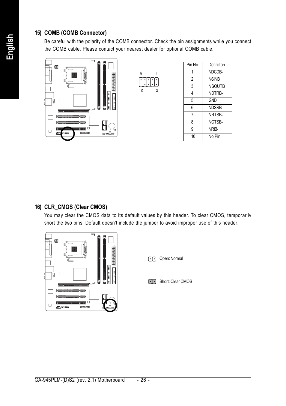 English, 15) comb (comb connector), 16) clr_cmos (clear cmos) | GIGABYTE GA-945PLM-(D)S2 User Manual | Page 26 / 80