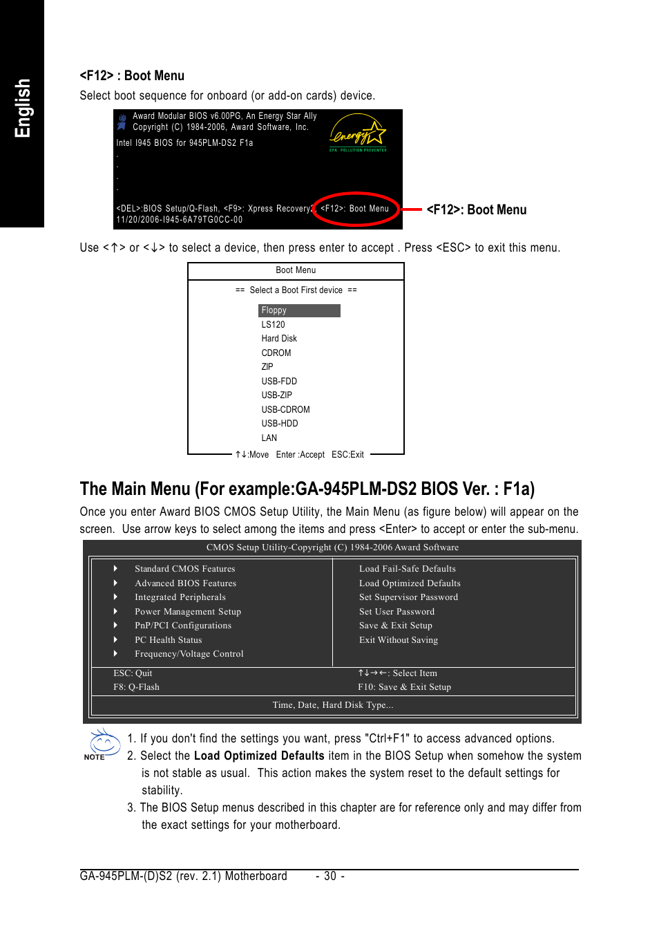 English, F12>: boot menu, F12> : boot menu | GIGABYTE GA-945PLM-(D)S2 User Manual | Page 30 / 80