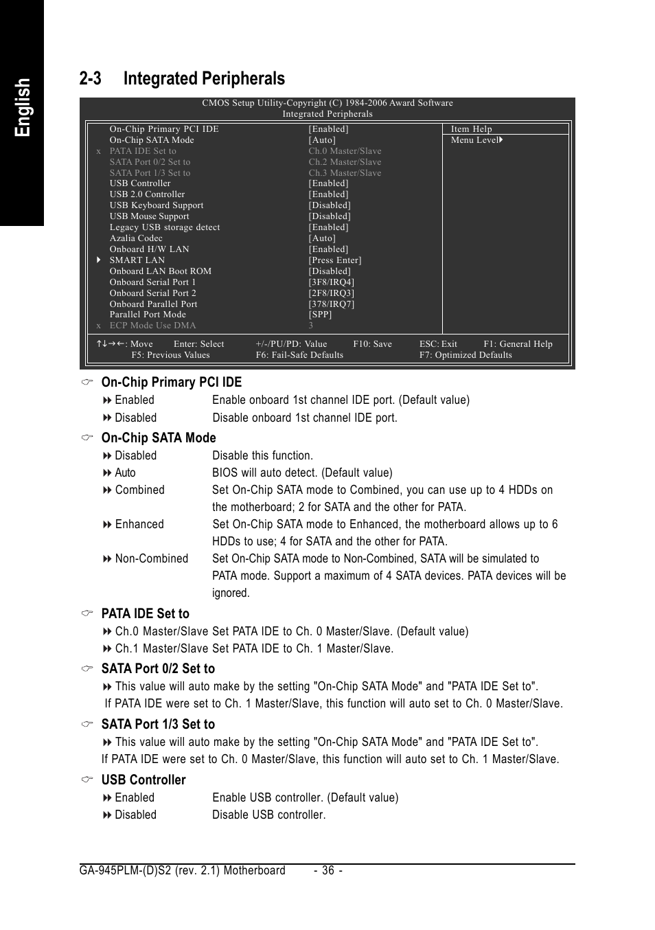 English, 3 integrated peripherals, On-chip primary pci ide | On-chip sata mode, Pata ide set to, Sata port 0/2 set to, Sata port 1/3 set to, Usb controller | GIGABYTE GA-945PLM-(D)S2 User Manual | Page 36 / 80