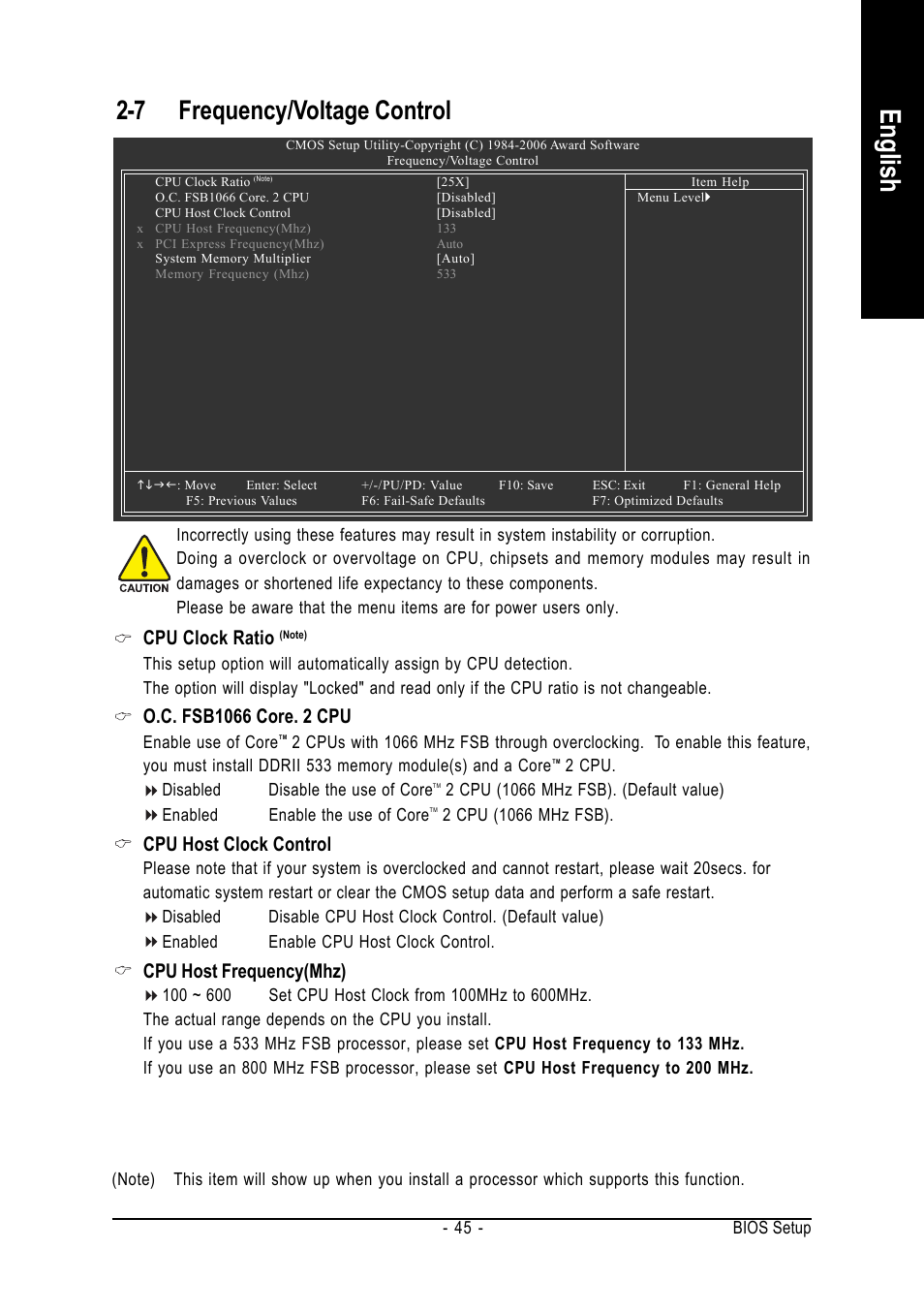 English, 7 frequency/voltage control, Cpu clock ratio | Cpu host clock control, Cpu host frequency(mhz) | GIGABYTE GA-945PLM-(D)S2 User Manual | Page 45 / 80