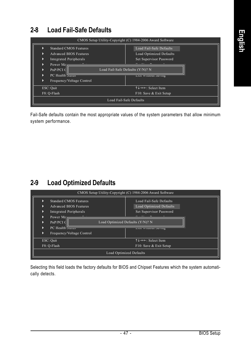English, 8 load fail-safe defaults, 9 load optimized defaults | GIGABYTE GA-945PLM-(D)S2 User Manual | Page 47 / 80