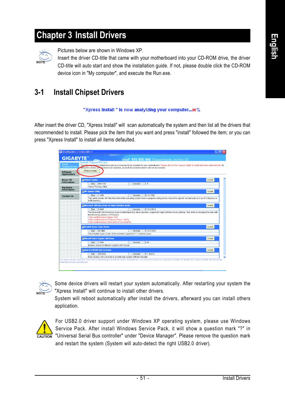 Chapter 3 install drivers, English, 1 install chipset drivers | GIGABYTE GA-945PLM-(D)S2 User Manual | Page 51 / 80