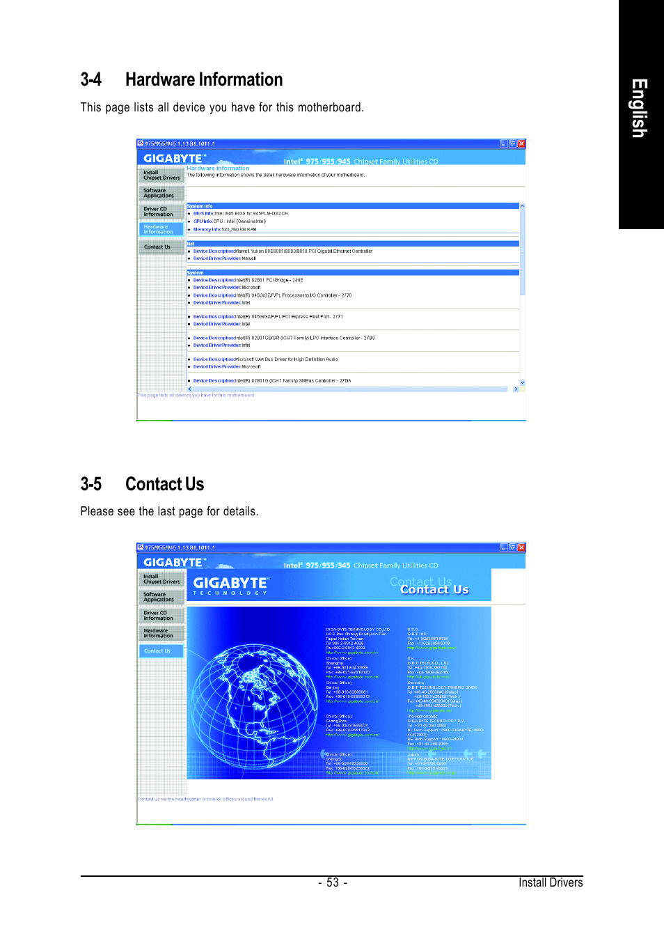 English, 4 hardware information, 5 contact us | GIGABYTE GA-945PLM-(D)S2 User Manual | Page 53 / 80