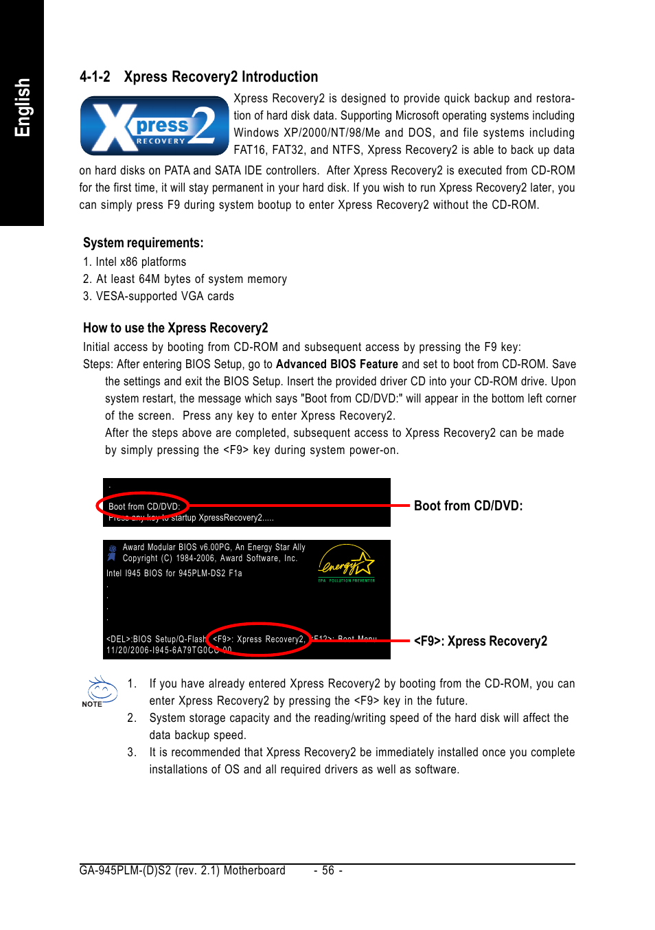 English, 1-2 xpress recovery2 introduction | GIGABYTE GA-945PLM-(D)S2 User Manual | Page 56 / 80