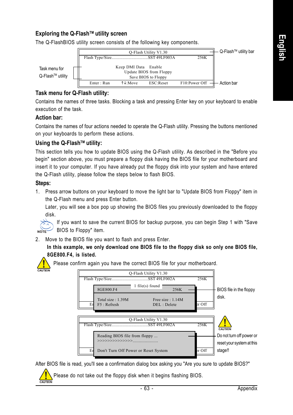 English, Exploring the q-flash, Utility screen | Task menu for q-flash utility, Action bar, Using the q-flash, Utility, Steps | GIGABYTE GA-945PLM-(D)S2 User Manual | Page 63 / 80