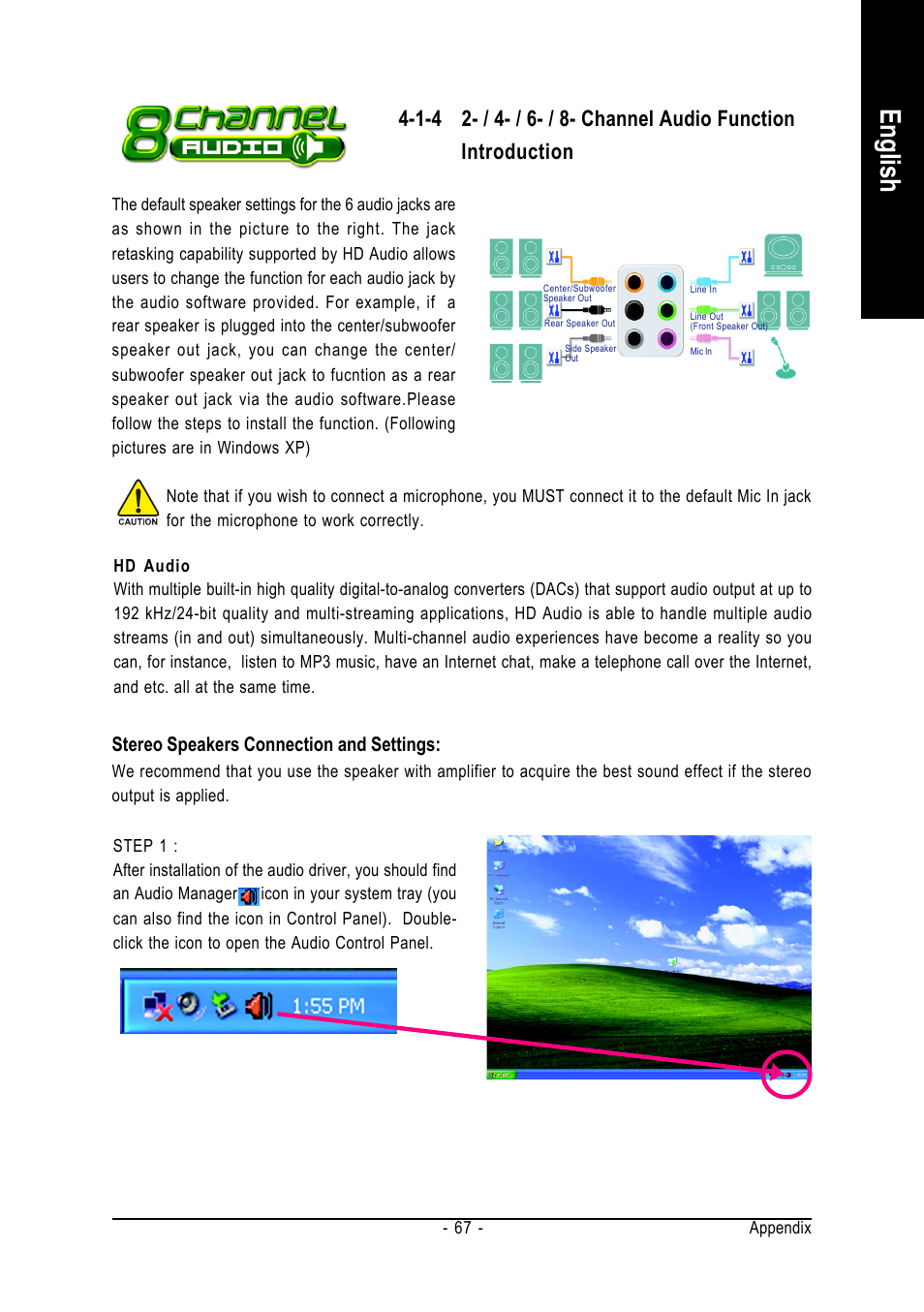English, Stereo speakers connection and settings | GIGABYTE GA-945PLM-(D)S2 User Manual | Page 67 / 80