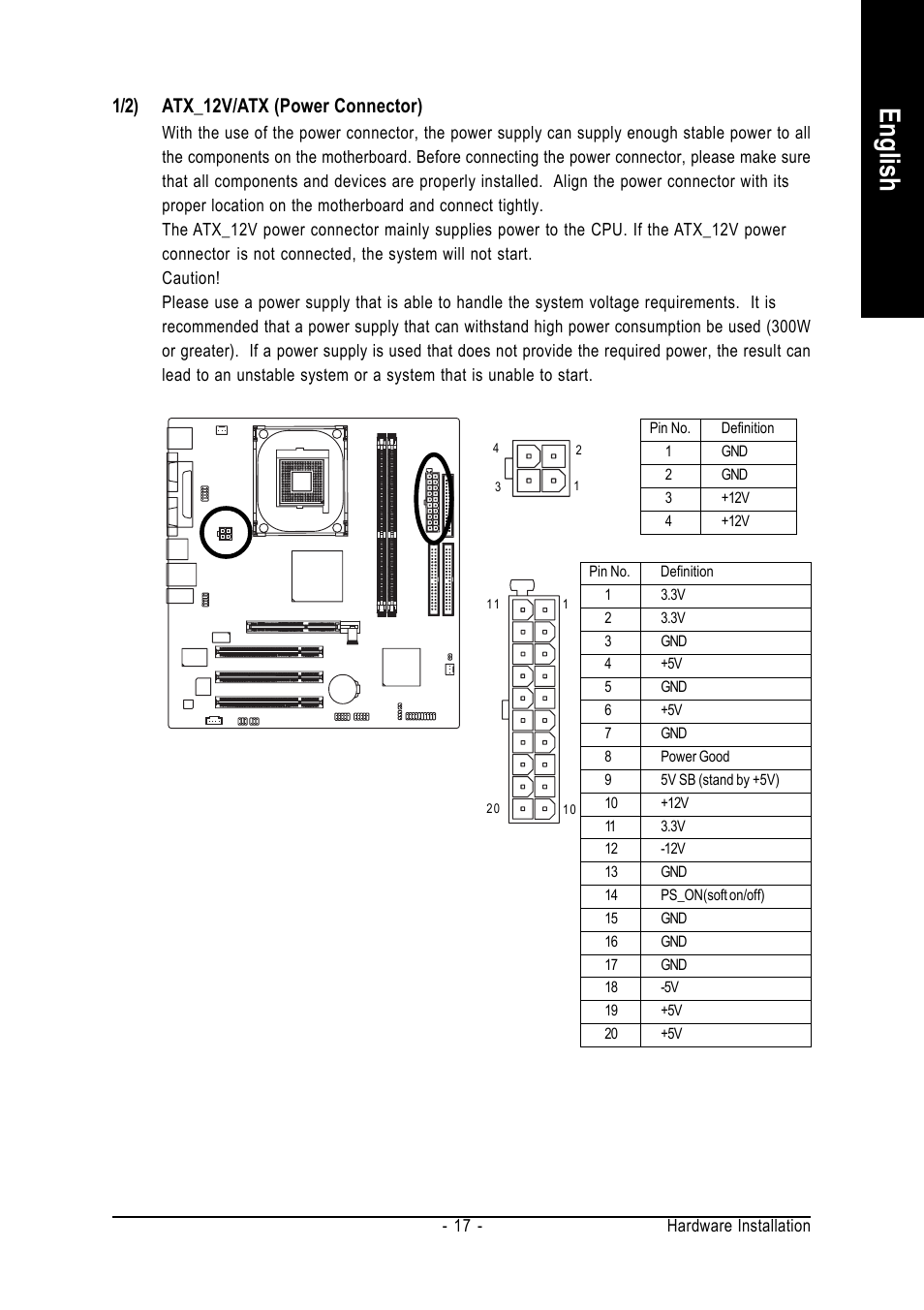English, 1/2) atx_12v/atx (power connector) | GIGABYTE GA-8S661GXMP User Manual | Page 17 / 72